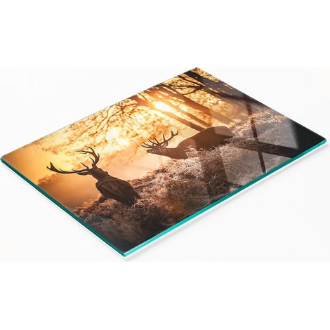 Tablero de vidrio templado con dise帽o de amanecer sobre un ciervo, 80x52 cm.