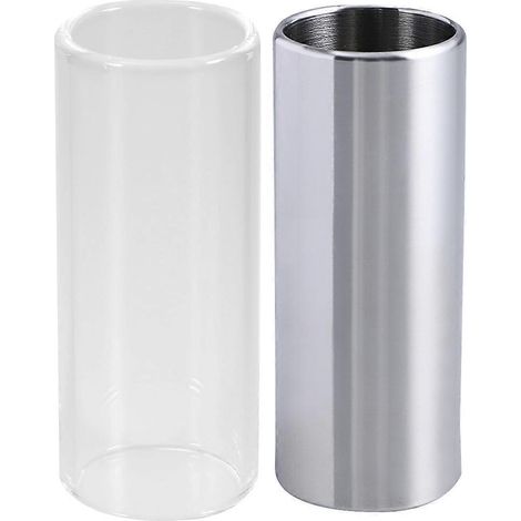 slides en verre de 70 mm et slide en acier inoxydable pour bottleneck moyen pour guitare et basse (transparent et argenté)-7X2.5CM