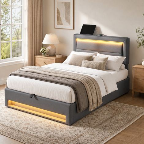Cama 90 x 190 cm con USB, luz LED y almacenaje, PU gris DESVIAE (1/5)