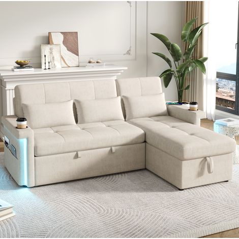 Divano letto angolare in chenille beige 209x141,5x90 cm con LED, USB/USB-C, schienale regolabile e contenitore (1/5)
