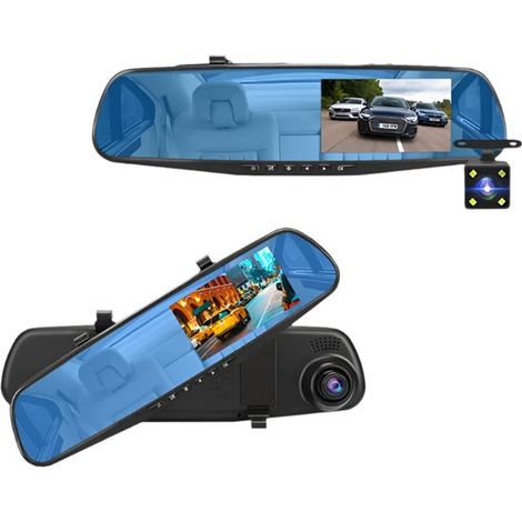 Caméra embarquée 4,3 pouces - Enregistreur de conduite Full HD 1080p - DVR intégré au rétroviseur - Vision nocturne - Détection de mouvement - Mode parking - Carte mémoire non incluse - Caméra de recu
