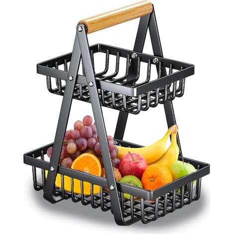 Panier à fruits à 2 niveaux avec poignée en bois, organisateur de rangement pour la cuisine et le garde-manger (1/4)