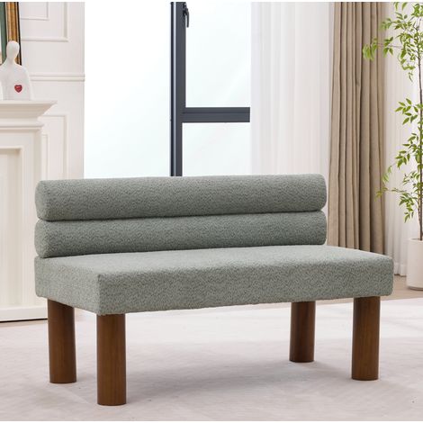 Banco moderno minimalista en bouclé verde salvia con estructura de madera, sin reposabrazos,116x59x72 cm (1/5)
