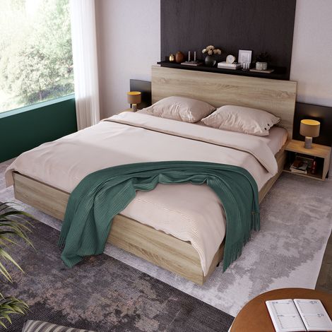 Lit double 160x200 cm avec 2 chevets suspendus, tête de lit à tablette, sommier à lattes, bois massif , effet chêne Sonoma et gris foncé (1/5)