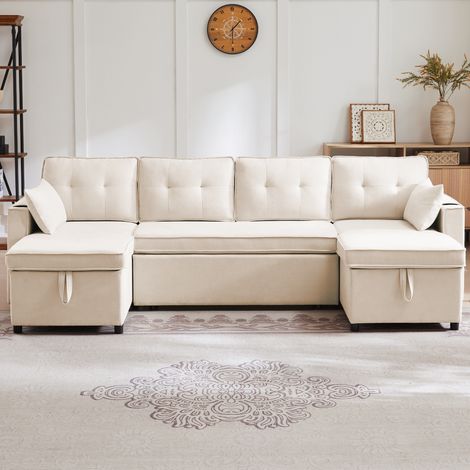 Sofá Modular 270x130 Cm Algodón-lino Beige, Gran Formato U Con Baúl Almacenaje (1/5)