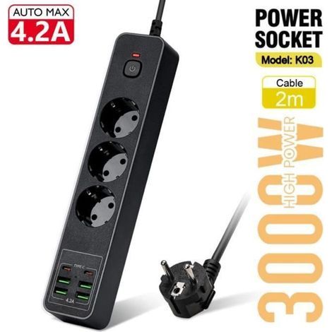 DBBEGK K03 Black Ue Plug-Multiprise ue 3000W, prise ca, rallonge électrique de 2m, USB Type C PD, adaptateur de filt