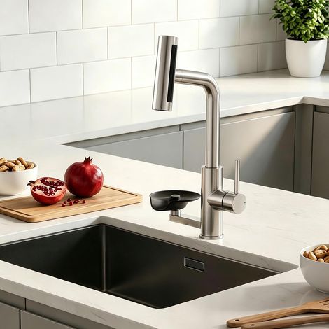 Mitigeur de cuisine monotrou en acier inoxydable avec rince-verre 4 modes de jet robinet d'évier haute pression commande à levier unique (pour cuisine, bar ou camping-car) (1/5)