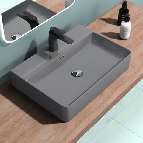doporro® Lavamanos de cerámica 60x42x12cm lavabo antracita mate con orificio para grifería Mei201-600 (1/5)