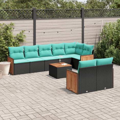 9-teiliges Gartensofa-Set mit Kissen, schwarzes Polyrattan (1/5)