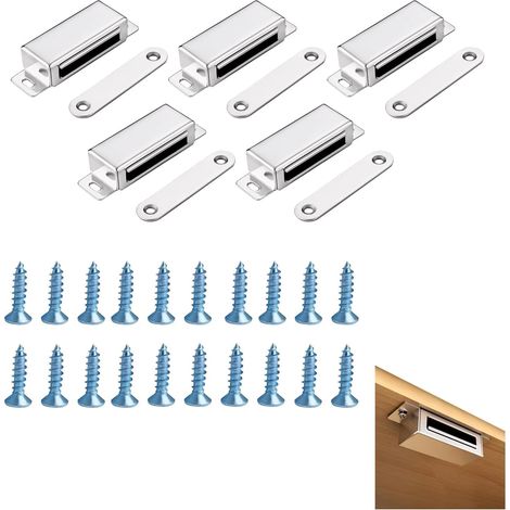 Lot de 5 loquets magnétiques pour porte, fermetures magnétiques en acier inoxydable 304, adaptés aux armoires cuisine, tiroirs, placards – avec 20 vis, design compact et durable (1/5)