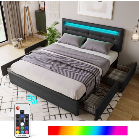 Cama doble 140/200 cm negra de lino con LED y 4 cajones (1/5)