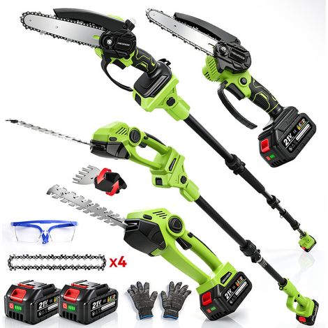 Kit outils du jardinier 6-en-1 ,Tronçonneuse 6 pouces et Taille-haie, avec Perche 2,41 m,réglage à 180°,avec 2 Batteries 4Ah