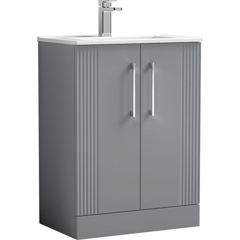 Nuie Deco Satin Grey 600mm 2 Door Vanity Unit and Minimalist Ceramic Basin - DPF225B (1/5)