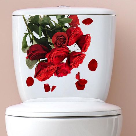 Lot de 2 Autocollants Muraux Siège Toilette Forme Rose Romantique Décor Salon Salle de Bain Stickers Mural Fleur (1/5)