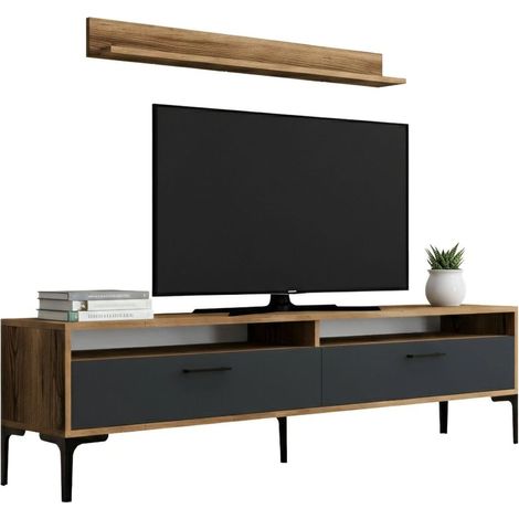 Dmora - Wohnzimmermöbel Edasich, Modulares Wohnzimmerset, Mehrzweck-Wohnzimmermöbel, Moderner TV-Schrank, 180x35h47 cm, Walnuss und Anthrazit, mit verstärkter Verpackung