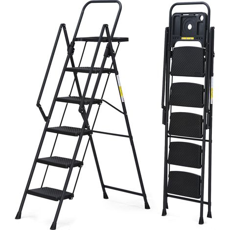 Escabeau pliant 5 marches avec plateau porte-outils, marches larges antidérapantes, mains courantes confortables et structure en acier noir - CHICFURN (1/5)