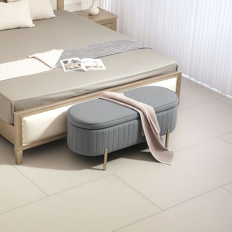 Banc de rangement, bout de lit en velours avec couvercle, pieds en métal, capacité 72 L, 108 x 44 x 43,5 cm, gris (1/5)