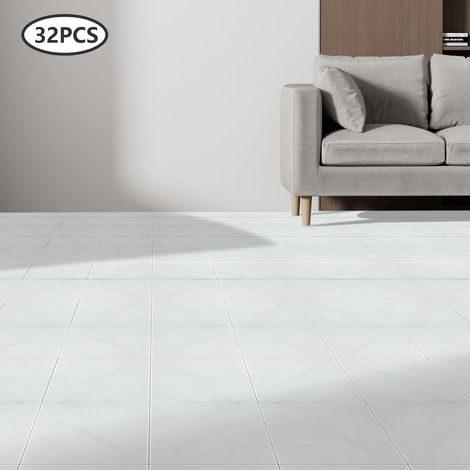 Lot de 32 revêtements de sol en vinyle autocollant en PVC - Revêtement de sol en vinyle - Granit blanc - Extra résistant à l'abrasion - Imperméable - Effet marbre - Pour cuisine, salle de bain (1/5)