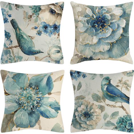 Housses de coussin 40x40 cm – Lot de 4 – Motif plantes tropicales, adaptées pour l'intérieur et l'extérieur