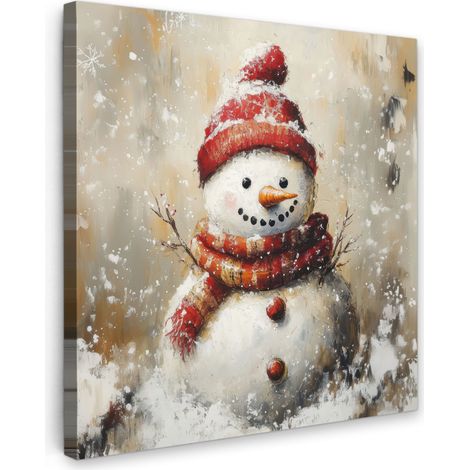 TABLEAU SUR TOILE Bonhomme de neige - Hiver - Neige - Beige Tableau Chambre Adulte 90x90 cm