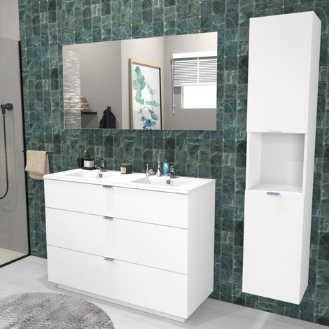Le Quai Des Affaires – Meuble sous-vasque 120 cm – Vasque en résine blanc brillant – Miroir grand format – Colonne 2 portes L35 x P30 x H165 cm