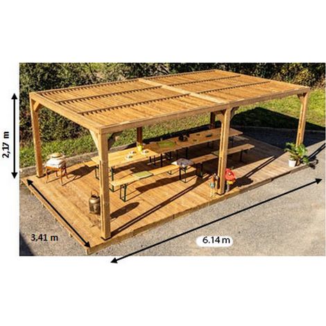 Habrita – Pergola Thermauvent en bois thermochauffé – Ventelles mobiles – Dimensions 3,41 x 6,14 m – Résistance aux intempéries – Finition naturelle (1/5)
