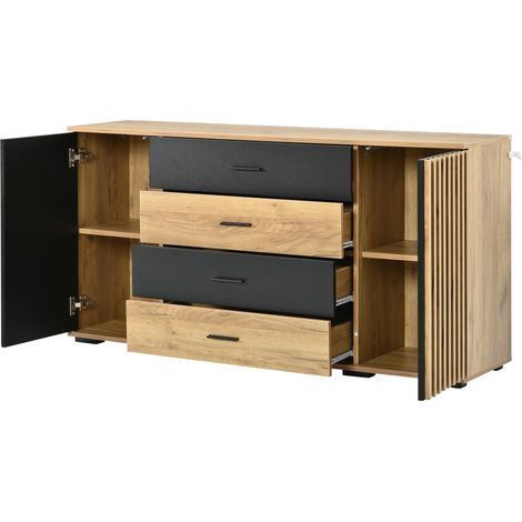Sideboard 140x35x70 cm aus MDF mit 4 Schubladen und 2 Türen, geriffelt, Schwarz/Holz (1/5)