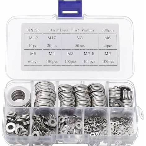 ZVD-Rondelle Inox avec Boîte de Rangement (Lot de 580) - Assortiment de 9 Tailles M2, M2.5, M3, M4, M5, M6, M8, M10 & M12 - Lot de Rondelles Métal - Réparations, Usines & Décoration Intérieure (1/4)