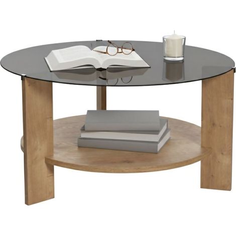 Couchtisch Canevino, Rundform, Glastischplatte, Eichenholzstruktur, 75x75x40h cm Eichenbraun