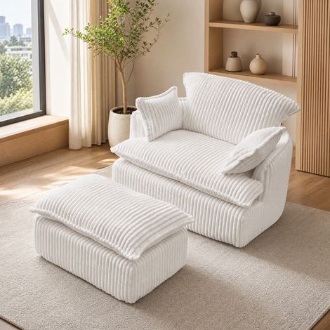 Canapé fauteuil en tissu flanelle beige avec pouf, 115x89x77 cm, design compact sans montage (1/5)