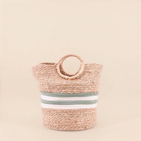 Panier naturel rayé avec poignées bambou 31x31cm