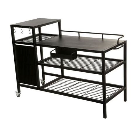 Brasero – Chariot pour plancha en acier noir – Rangement avant – 3 crochets – 2 roulettes – Dimensions 128x60x89 cm