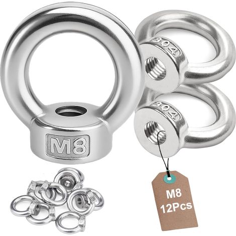 Lot de 12 écrous à anneau M8 en acier inoxydable 304 - Écrou à œil - Filetage intérieur - Œillets à œillets - Écrou à œillet - Accessoires de levage pour fixer des pots de fleurs suspendus - Support (1/5)