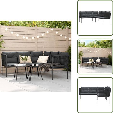 The Living Store Gartensofa in L-Form mit Kissen Schwarz Stahl und Textilene - Gartensofa - Esszimmergarnitur - Outdoormöbel - Lounge Set - Terrassenmöbel (1/5)