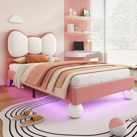 Lit enfant rembourré en velours beige et rose 90x200 cm avec tête de lit papillon et bande LED (1/5)