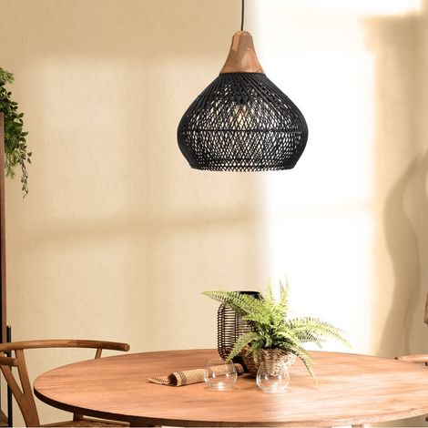 SIXTINE - Suspension 'cloche' 40x40cm en bois teck et rotin noire