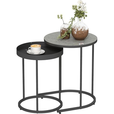 Set of 2 tables low stackable of style industrial, wood and metal, MM42x54 cm and MM36,5x48,5 cm, gray and black (1/5)