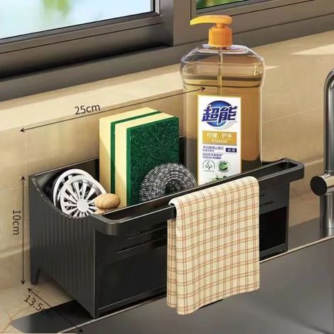 (Noir) Égouttoir de rangement automatique pour évier de cuisine, porte-savon et éponge, organisateur de shampoing et porte-serviettes en plastique. (1/5)
