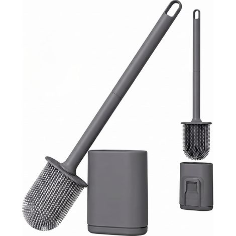 Brosse WC en Silicone avec Support, Brosse Toilette 2-en-1 Balayette WC Hygiénique Anti-Odeur Séchage Rapide Montage Mural ou Au Sol pour Salle de Bain, Gris (1/5)