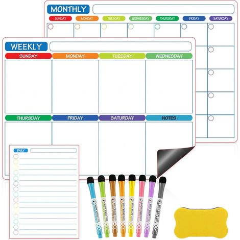 Lot de 3 Calendrier Magnétique Effaçable pour Frigo avec 8 Marqueurs et 1 Effaceur, Planning Mensuel, Hebdomadaire et Quotidien Réutilisable, Planificateur de Menus pour Bureau, École, Plan de Ménage (1/5)