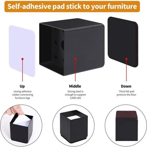 Rehausseur Pieds de Lit Lot de 4 ​Acier Carbone, Risers de Meubles Ajoutent Hauteur de 5CM, Supportent 10000 lbs, Rehausseurs de Table, Carré 65 cm (1/3)