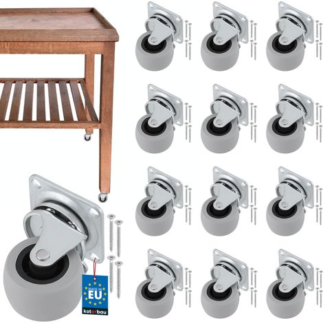 Rueda giratoria para muebles KOTARBAU® para armarios y muebles, con rodamiento de goma, color gris, 40 mm, juego de 12 unidades. (1/5)