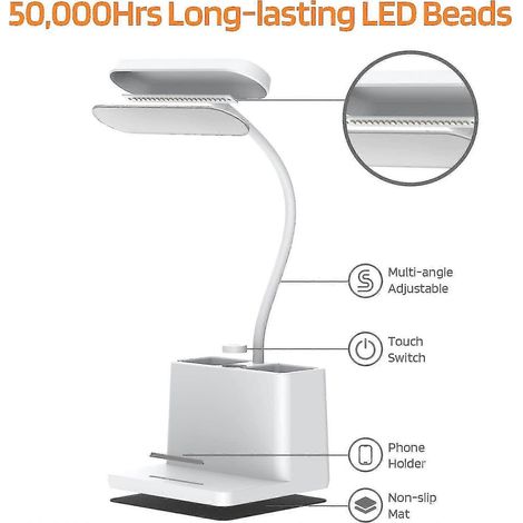 Lampe de bureau LED avec porte-stylo, lampe de bureau Axx pour ordinateur/bureau - Blanche, rechargeable, respectueuse des yeux, col de cygne flexible - Lampe de chevet pour la lecture (1/4)