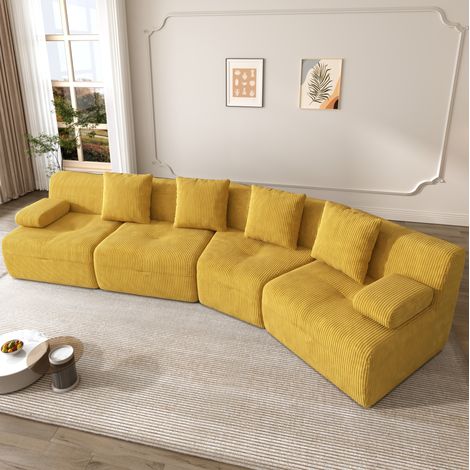 Canapé modulable 4 places 311x90x65 cm en velours côtelé jaune, gain de place pour salon FLORAGRACE (1/5)
