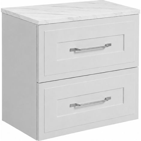 Meuble de salle de bain suspendu 60 cm à tiroirs, coloris blanc + plan de travail marbre Bianco, poignées coloris argent, 60 x 46 x 58,6 cm (1/5)