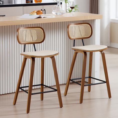 Wahson 2er Set Barhocker aus PU, Rattan-Rückenlehne Holzbeine gepolstert für Kücheninsel Theke Frühstückstisch, Beige