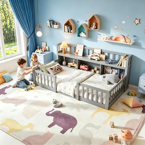 FOERPL-Letto Montessori 90x200 cm con contenitore e libreria, letto a pavimento per bambini 90x200 con sponda di sicurezza e rete a doghe, struttura letto per bambini massello di pino rinforzato.