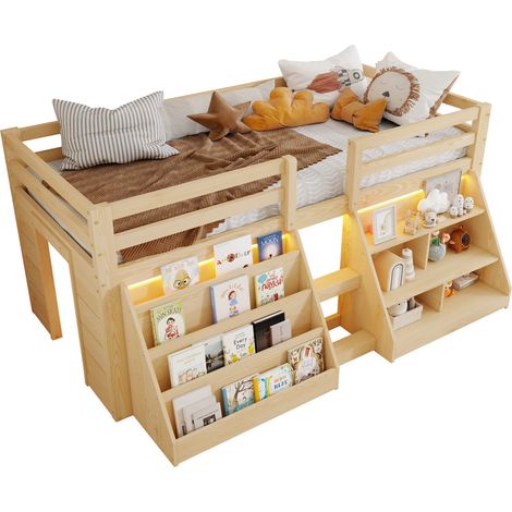 Lit enfant 90x200 avec étagères multiples, lit mi-hauteur avec éclairage led, garde-corps et échelle, rangements intégrés, bois de pin, naturel (1/5)