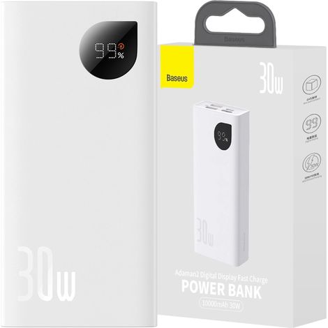 Batería externa Baseus Adaman2 con pantalla digital, 2 puertos USB-A / 1 puerto USB-C, 10000 mAh, 30 W - Blanca
