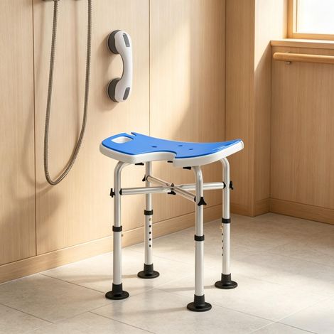 Tabouret de douche réglable en hauteur (39–51,5 cm), avec poignée et pieds à ventouses, bleu foncé (1/5)